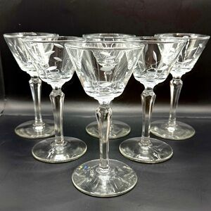 Vintage Libbey Windswept Sherry Glasses - Faceted Stem 3001 MCM Etched Set (6)